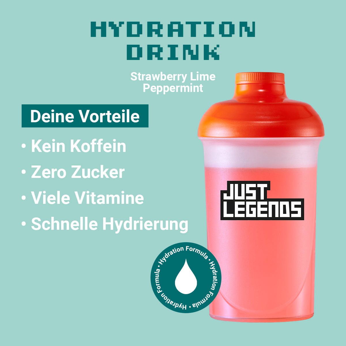 Just Legends Hydration DrinkStrawberry Lime Peppermint | Funktionaler, veganer Hydration Drink auf Pulverbasis ohne Zucker, mit wenig Kalorien, vielen Vitaminen und natürlichen Aromen.