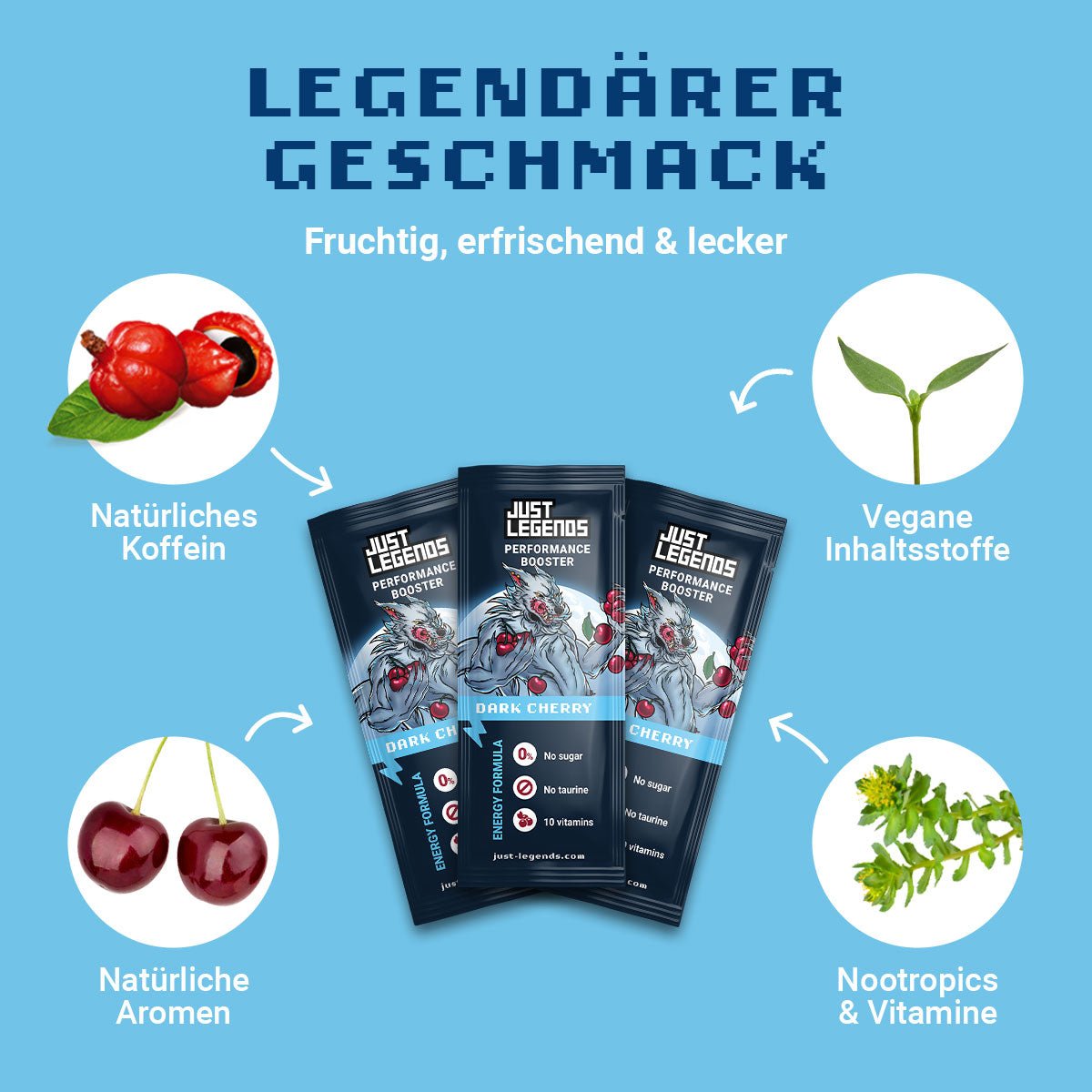 Just Legends Performance Booster Dark Cherry | Funktionaler, veganer Performance Booster auf Pulverbasis ohne Zucker, mit wenig Kalorien, vielen Vitaminen und natürlichen Aromen.