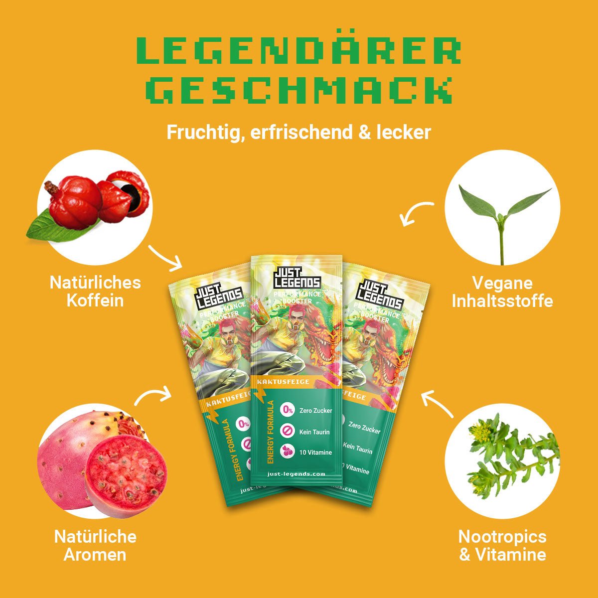 Just Legends Performance Booster Kaktusfeige | Funktionaler, veganer Performance Booster auf Pulverbasis ohne Zucker, mit wenig Kalorien, vielen Vitaminen und natürlichen Aromen.